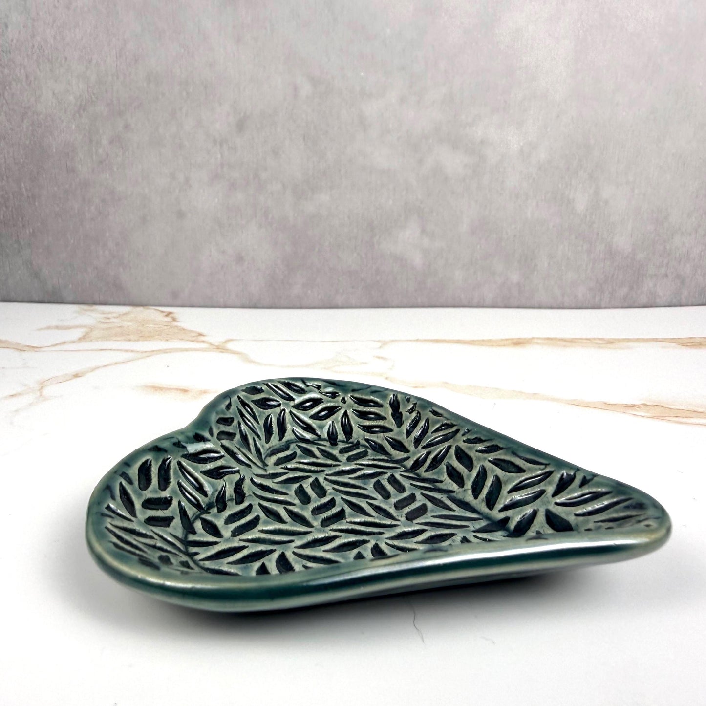 Sage Green Leaf Patterned Heart Shaped Dish