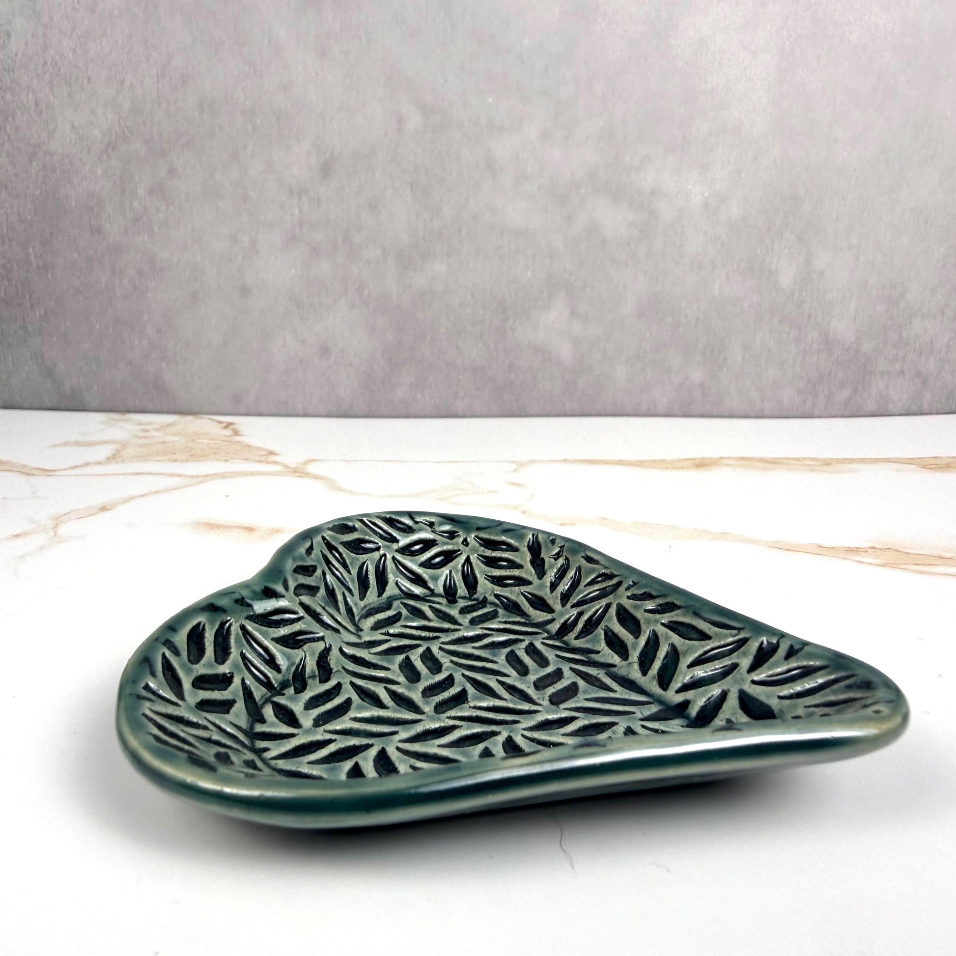 Sage Green Leaf Patterned Heart Shaped Dish