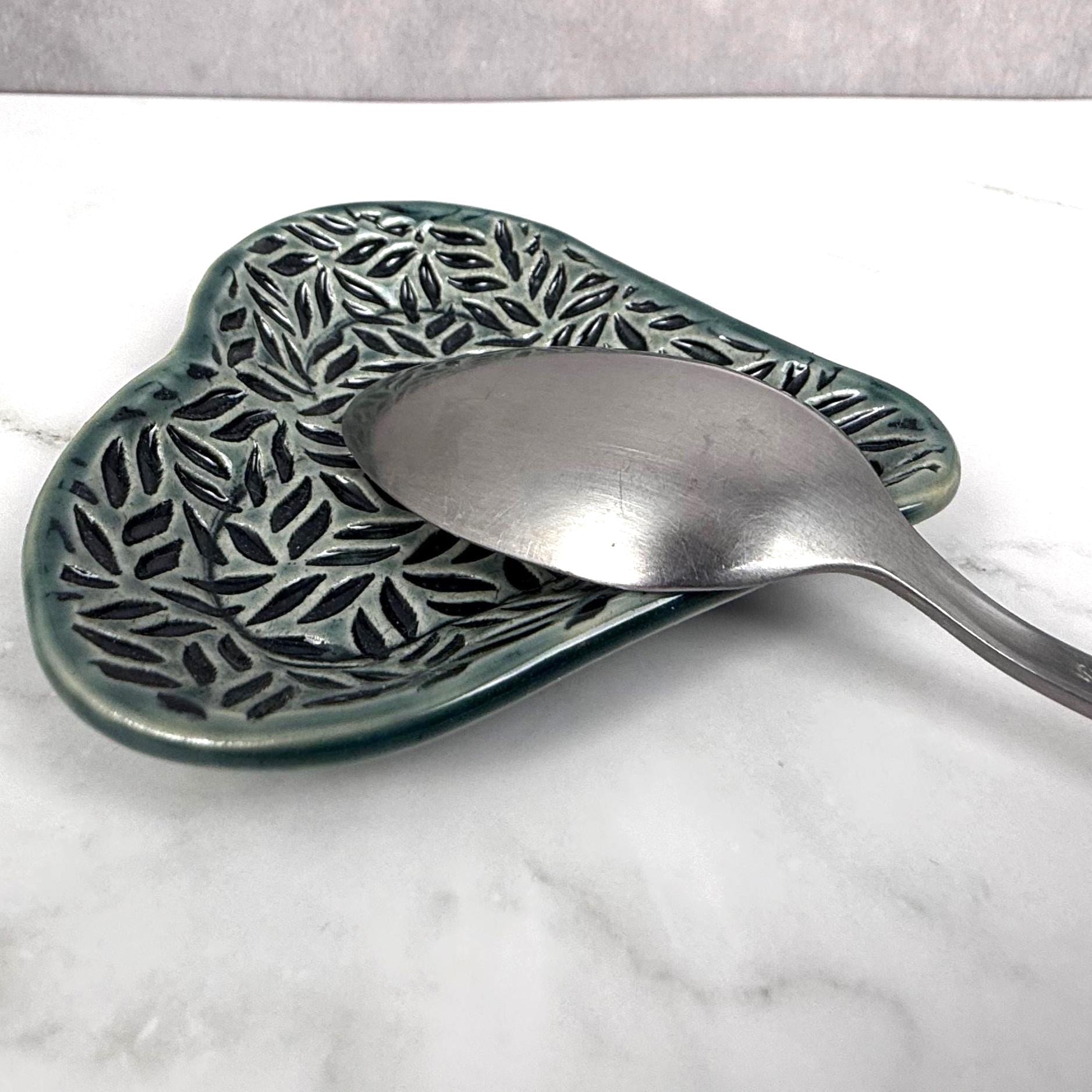 Sage Green Leaf Patterned Heart Shaped Dish