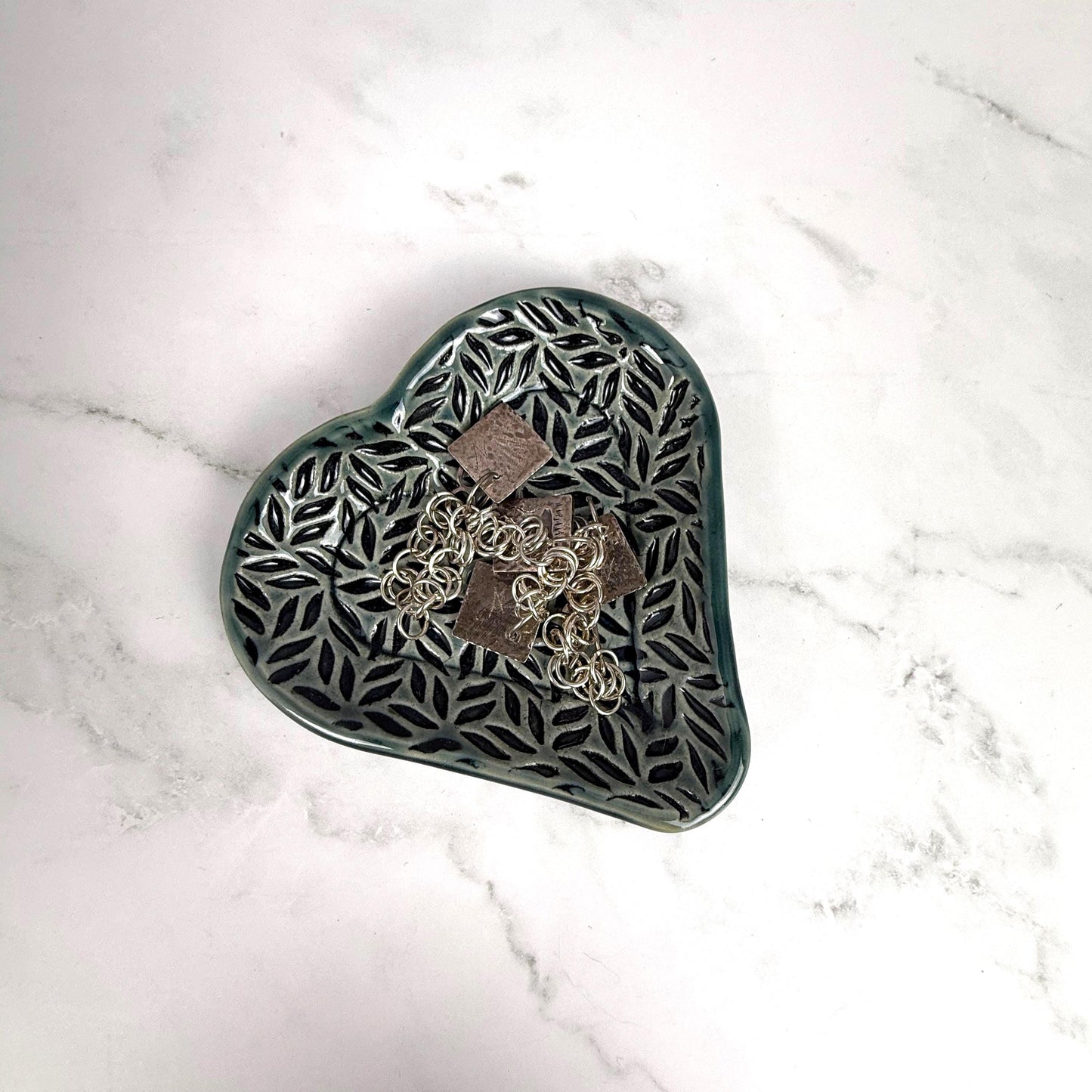 Sage Green Leaf Patterned Heart Shaped Dish