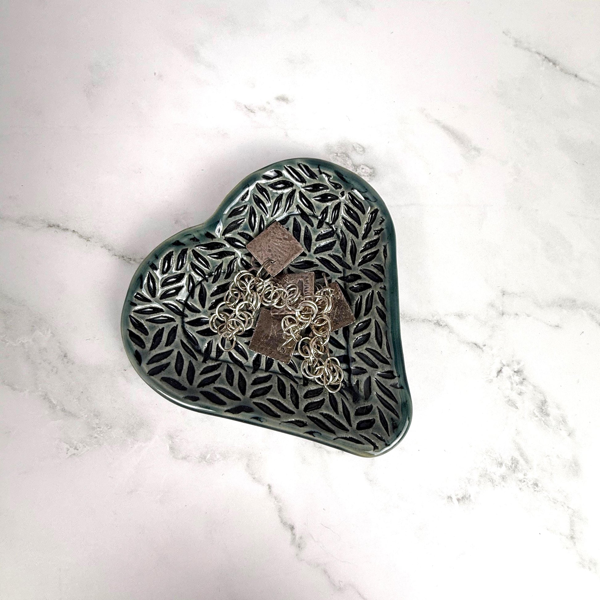 Sage Green Leaf Patterned Heart Shaped Dish