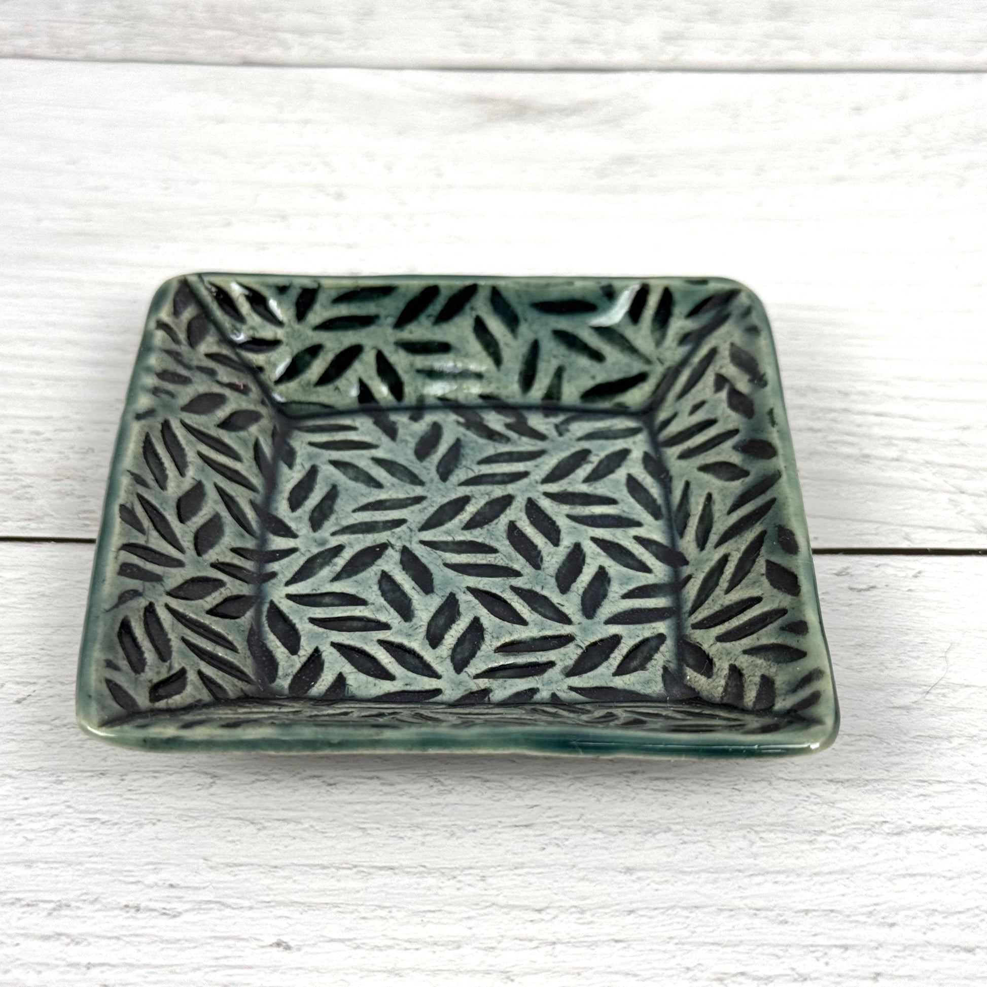 Sage Green Leaf Patterned Square Dish
