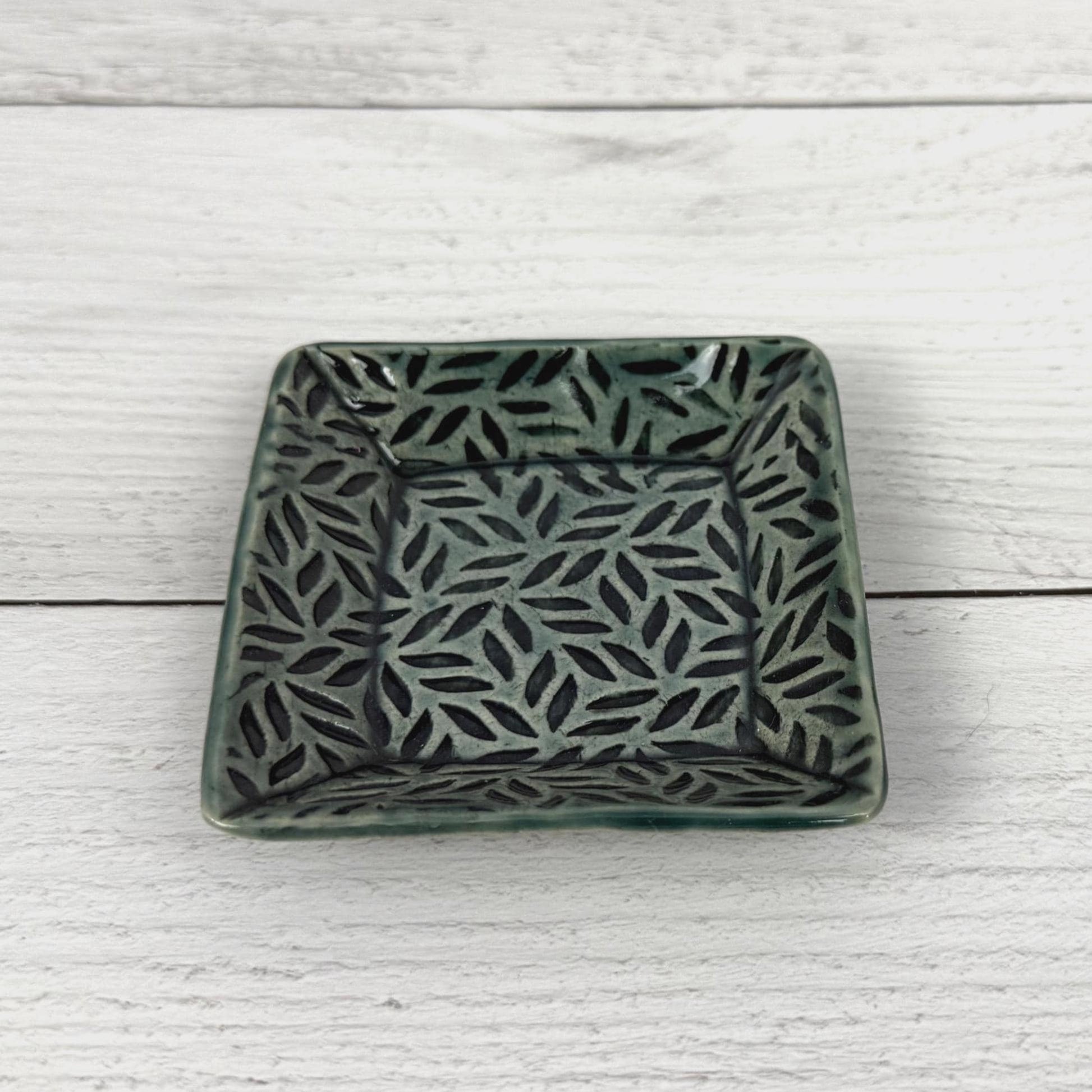 Sage Green Leaf Patterned Square Dish