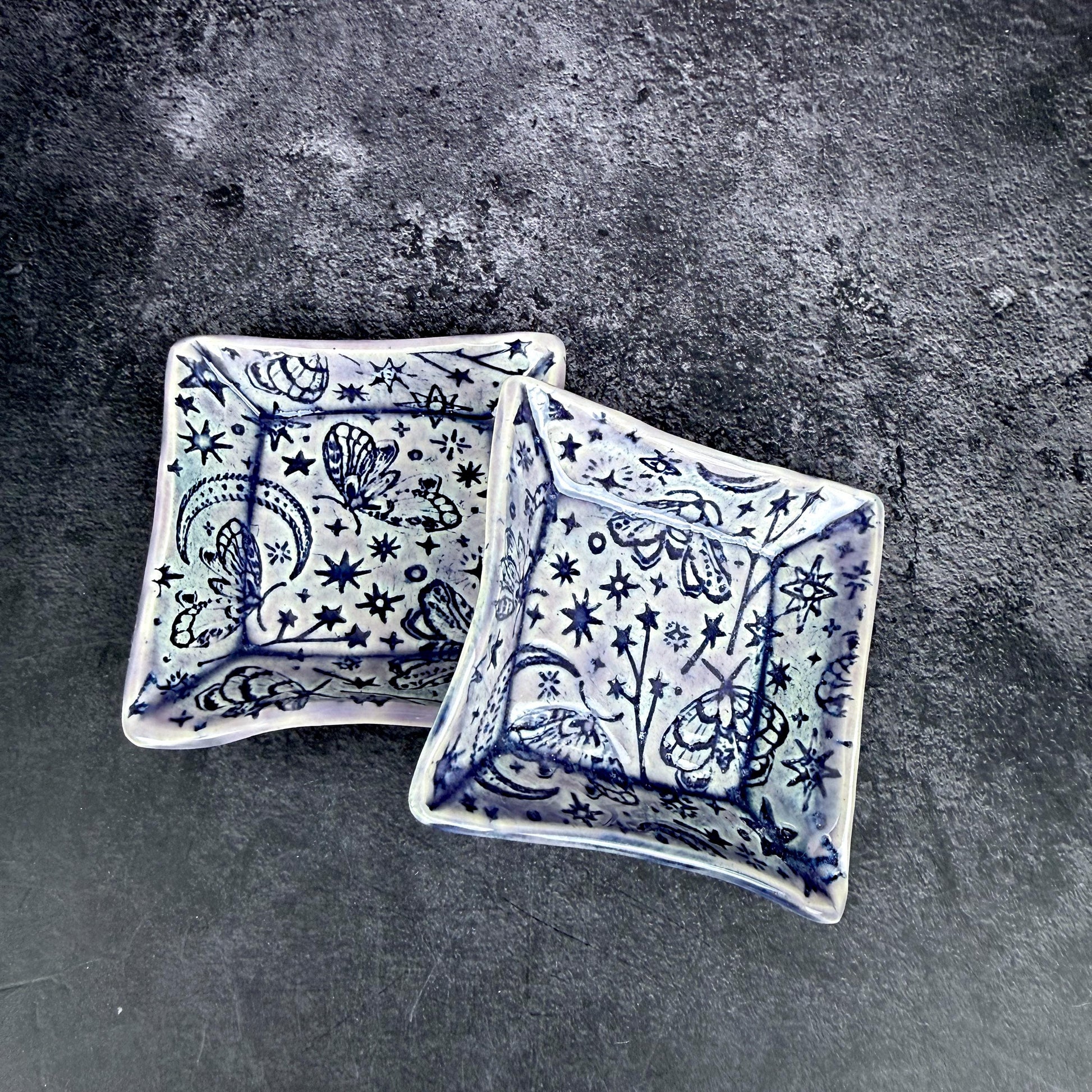 Lavender and Purple Trinket Dishes with Moth Pattern