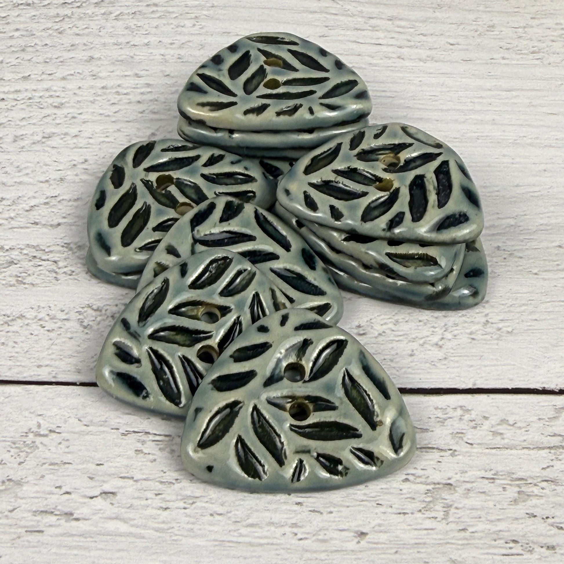 Triangular Shaped Buttons in Light Sage with Dark Sage Leaf Pattern