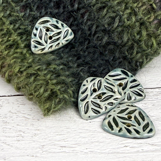 Triangular Shaped Buttons in Light Sage with Dark Sage Leaf Pattern