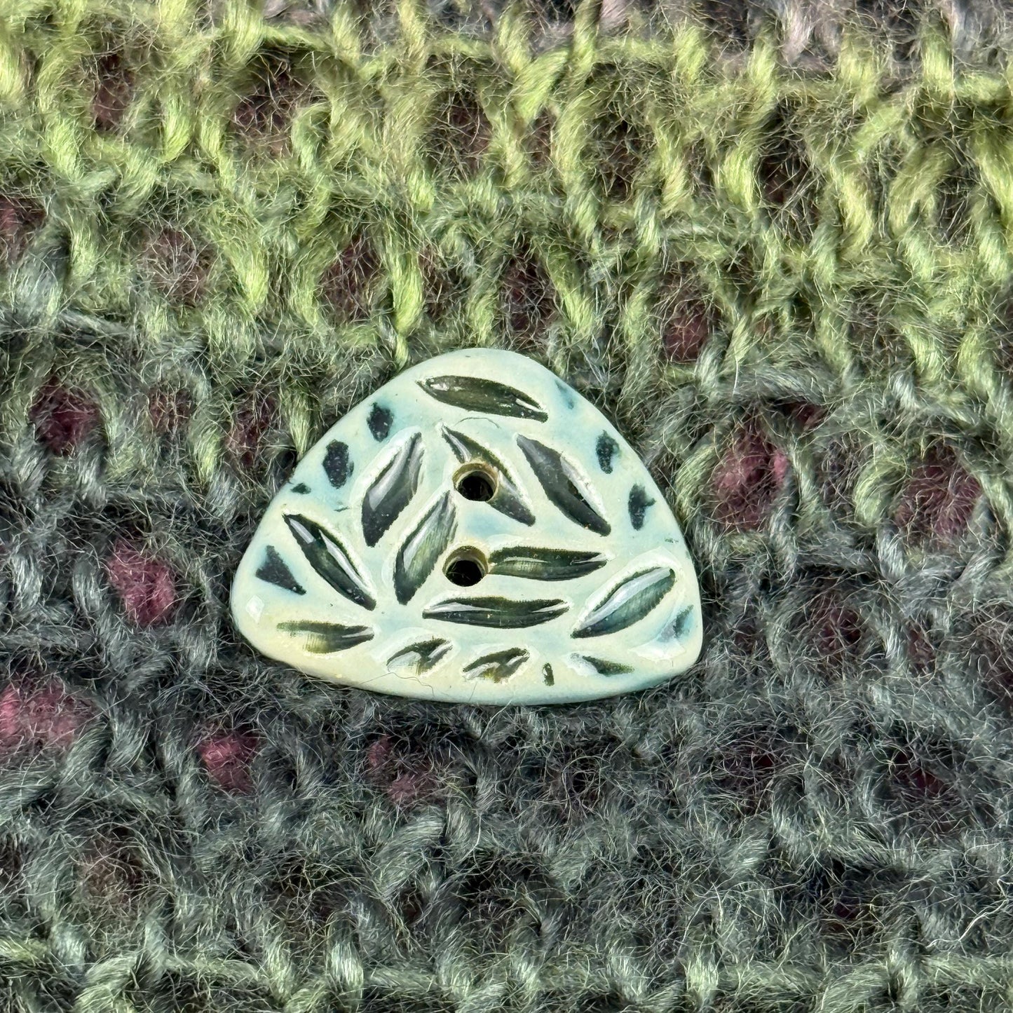 Triangular Shaped Buttons in Light Sage with Dark Sage Leaf Pattern