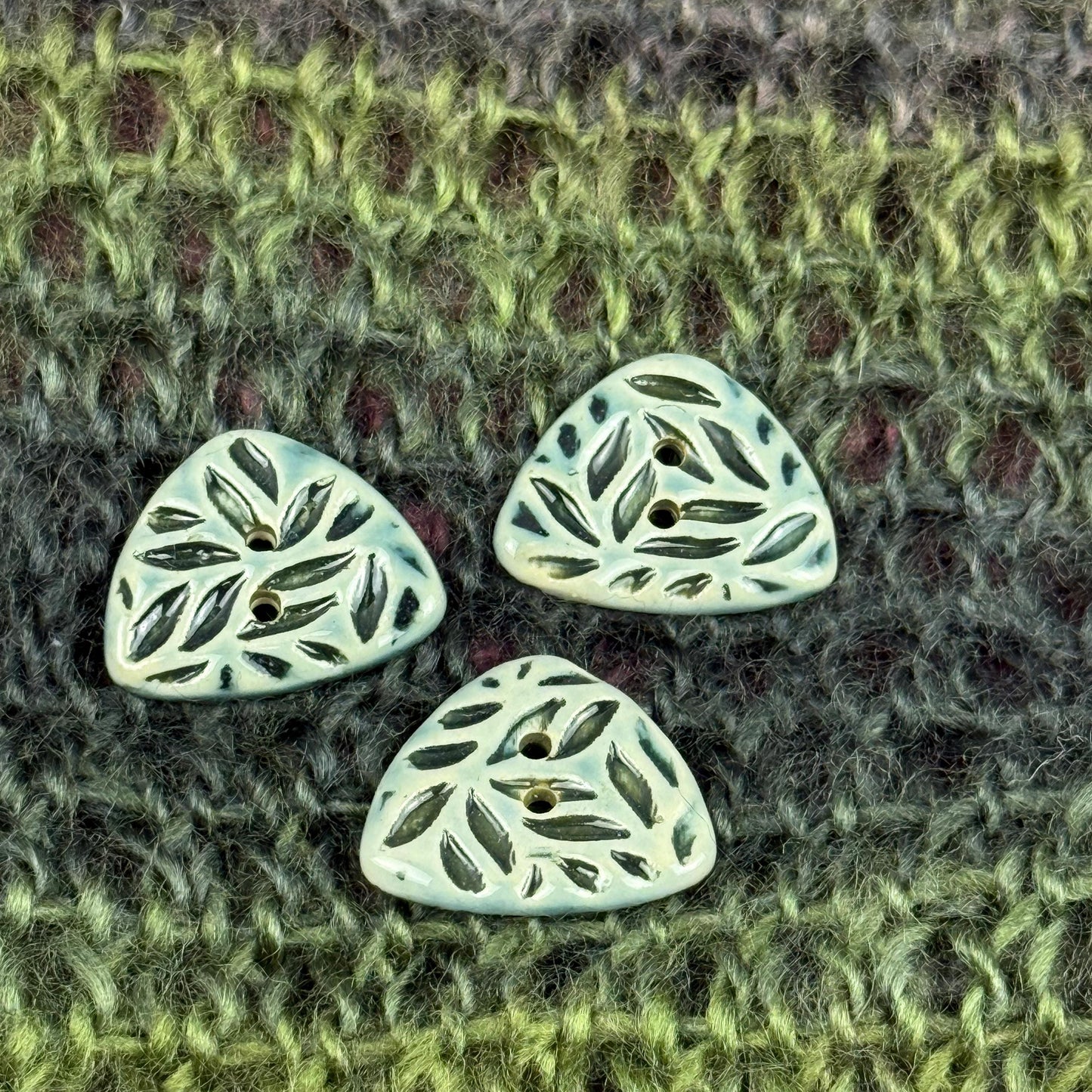 Triangular Shaped Buttons in Light Sage with Dark Sage Leaf Pattern