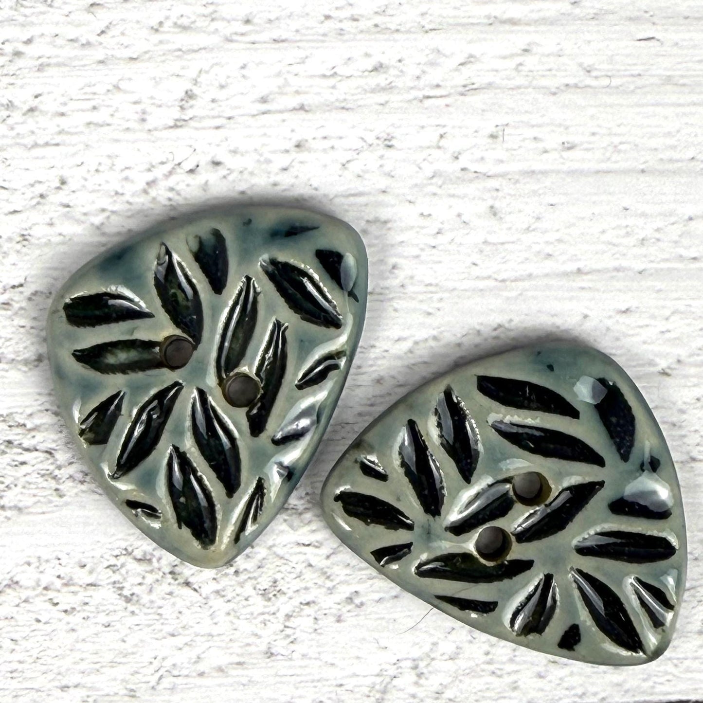 Triangular Shaped Buttons in Light Sage with Dark Sage Leaf Pattern