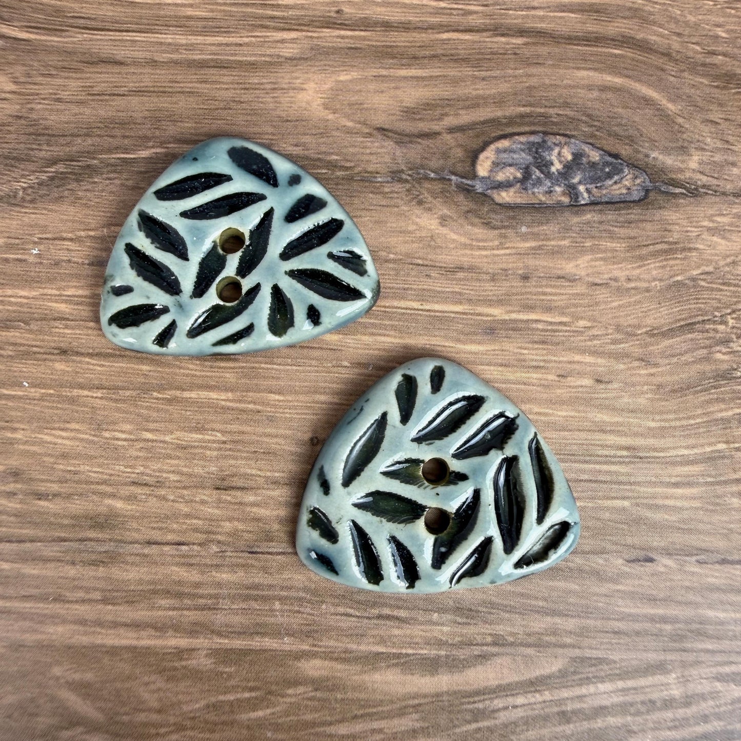 Triangular Shaped Buttons in Light Sage with Dark Sage Leaf Pattern