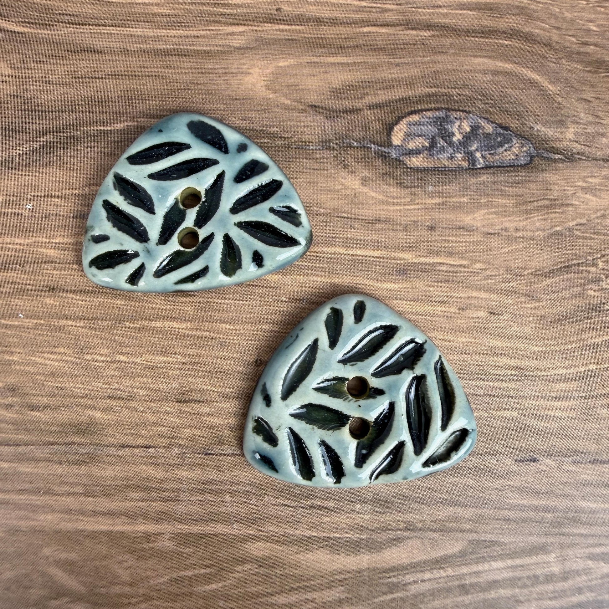 Triangular Shaped Buttons in Light Sage with Dark Sage Leaf Pattern