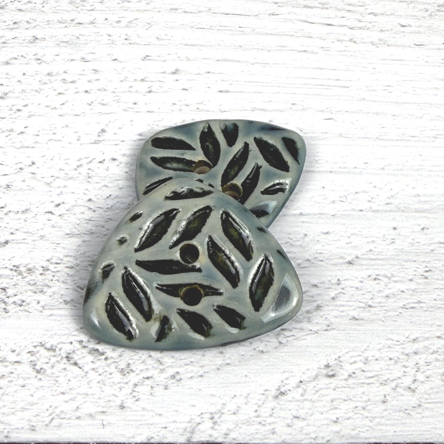 Triangular Shaped Buttons in Light Sage with Dark Sage Leaf Pattern