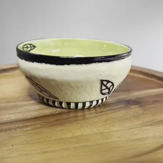 Sgraffito Stoneware Bowl, Celadon Glaze, Leaf Design