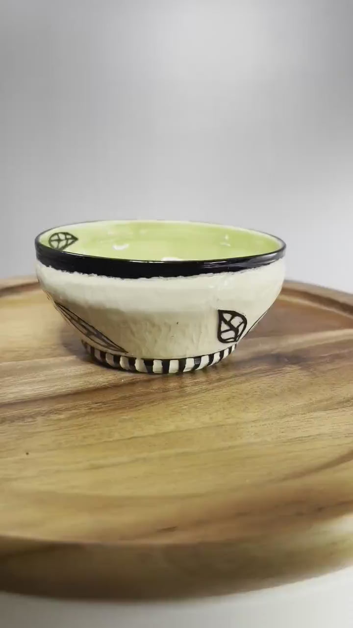 Sgraffito Stoneware Bowl, Celadon Glaze, Leaf Design