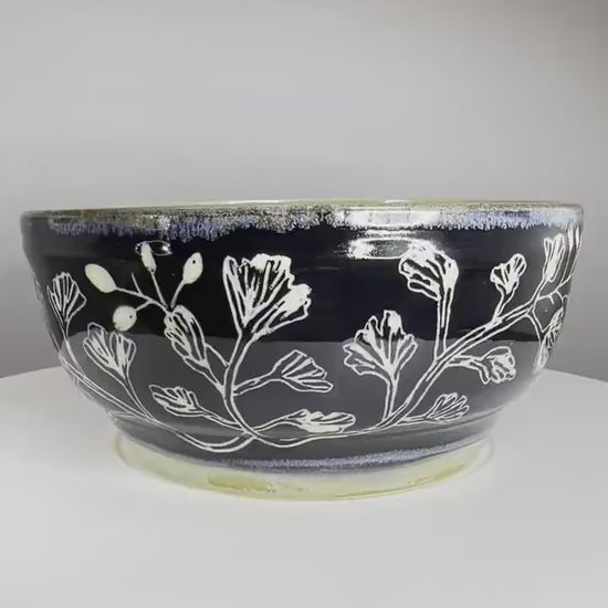Leaves and Berries Shallow Serving Bowl Black Sgraffito with Green Interior