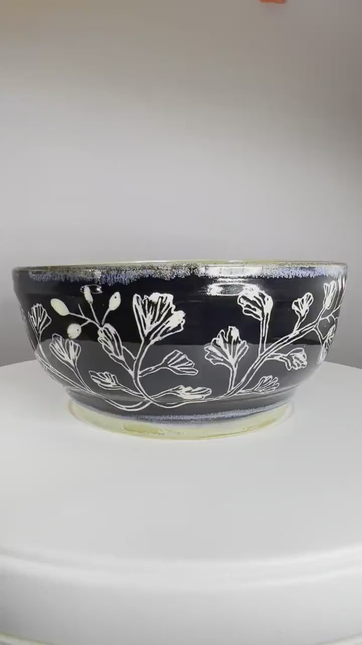 Leaves and Berries Shallow Serving Bowl Black Sgraffito with Green Interior