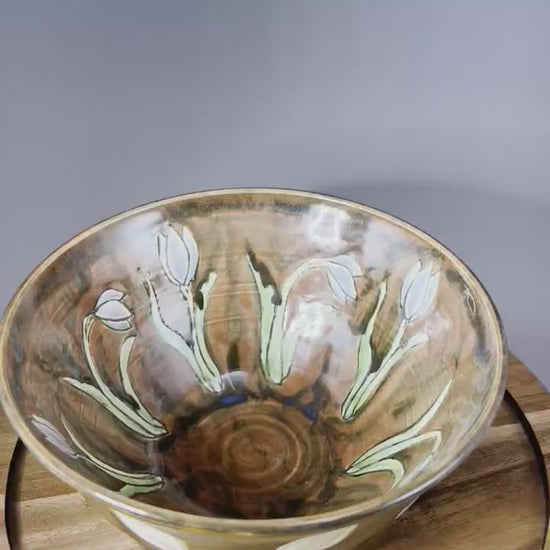 Brown Serving Bowl with Tulips