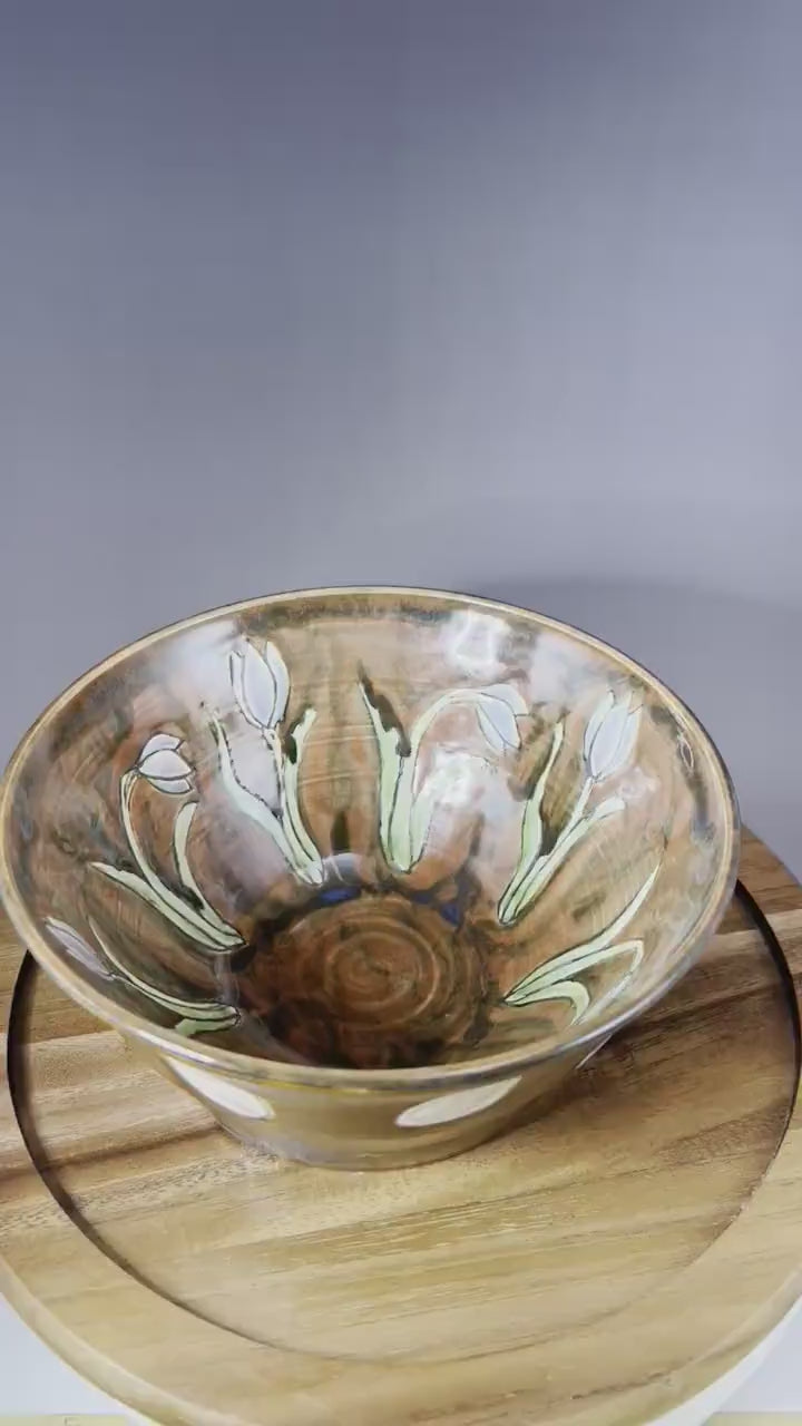 Brown Serving Bowl with Tulips