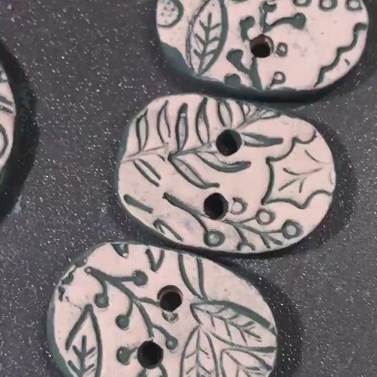 Winter Leaves and Berries Patterned Button, Light Green with Dark Teal Detail