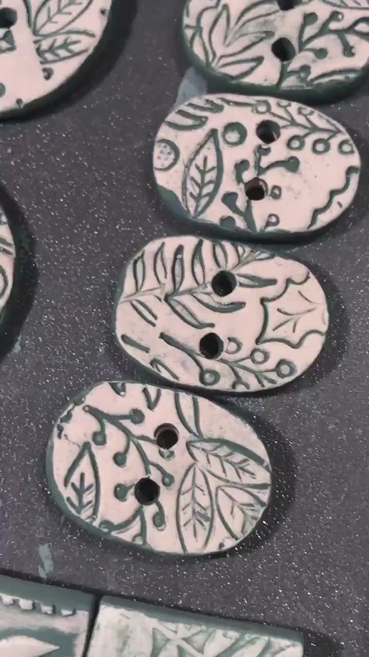 Winter Leaves and Berries Patterned Button, Light Green with Dark Teal Detail